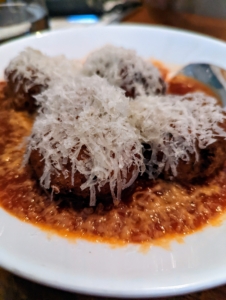 Another delicious appetizer - the meatballs. Beef, veal, pork, marinara, and topped with parmesan cheese.
