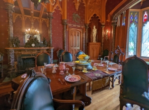 The Dining Room at Lyndhurst still contains the original Gothic Revival dining table and chairs designed by Alexander Jackson Davis for the Merrit Family in 1865,