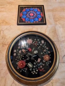 After the Civil War, home decorating became more common. Victorians were great fans of nature and horticulture. Below is "Floral Wreath" by an unknown artist made with wool and silk in a gilt wood frame. On top is Portia Munson's 2012 "Morning Glory Mandala" using pigmented ink on Hahnemuhle paper.