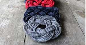All the hand-made woven wares are made in Connecticut and inspired by the nautical family legacy of crewing cargo ships from Argentina to NYC and an ancestral preservation of knot work. Here are some of their colorful trivets.