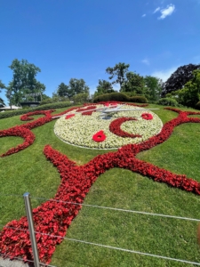This is the famous flower clock at the Jardin Anglais. Planted in 1955, it is the biggest clock in the world made exclusively from flowers. It was built at the park's centennial to pay homage to Switzerland, watchmaking and horticulture. The Jardin Anglais is also home to several hundred-year-old trees, such as a ginkgo planted in 1863 and a red beech planted in 1895 for the National Exhibition.