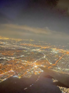 Pasang and his family flew at night from New York's JFK International Airport to London. This is a night view from their plane.