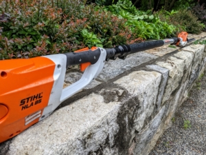 For the top of the hedge section, Chhiring and Pasang use our STIHL HLA 85 battery powered extended hedge trimmer. It’s light, easy to maneuver and cuts extremely well.