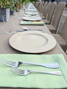It was a beautiful summer evening for a party. For this gathering, I decided to have a sit-down dinner for all 64 guests. We used green and grayish tan linens and my Drabware plates for the long table.