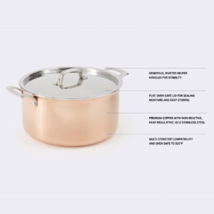 This collection features all the beauty and finesse of copper cookware along with the heat retention, temperature control, and nonreactive nature of top-quality construction.