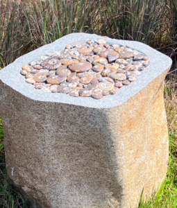 Dennis also designs stone furniture - this one is made of native Long Island boulders embedded with ammonite.