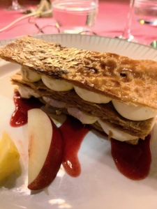 Here's a traditional French dessert: Millefeuille, which means thousands of leaves, referring to the many layers of the pate feuilletee or puff pastry.