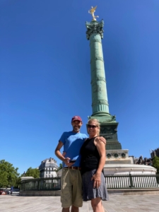 Here's a photo of Anduin and her husband, Cedric in Place de la Bastille. They walked from here to the Eiffel Tower - a little more than four miles.