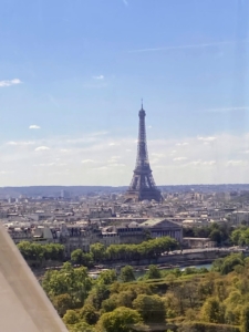 And here's the famed Eiffel Tower seen from the Roue de Paris. The Eiffel Tower is a wrought-iron lattice tower on the Champ de Mars. It is named after the engineer Gustave Eiffel, whose company designed and built the tower from 1887 to 1889.
