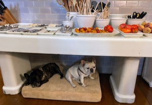 On one side of my kitchen at Skylands on this large table, we keep all the utensils close at hand along with fresh tomatoes and fruits for easy snacking. My French Bulldogs Bête Noire and Crème Brûlée love to rest under this table - front seats to anything that falls their way.