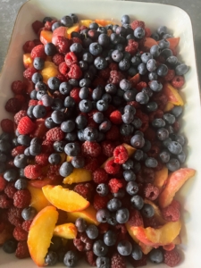 We always enjoy the freshest fruits up in Maine. Here, I brought up peaches grown in my Bedford farm orchard, blueberries from our bushes, and raspberries from Maine - all for this for a most delicious fruit cobbler by Chef Pierre.