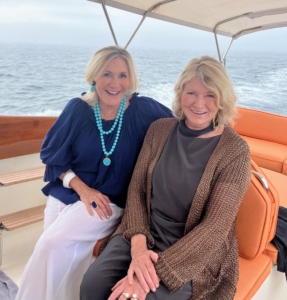 Here I am with my dear friend and longtime publicist, Susan Magrino, who came up the week of my birthday. Here we are aboard Skylands II, my Hinkley picnic boat. We're on our way to the Downeast Art & Antiques Show in Blue Hill.
