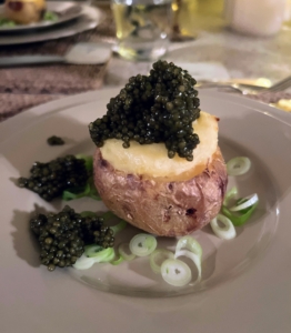 My birthday feast included potato whipped with crème fraîche, topped with Osetra caviar and dressed with scallions from the garden. Osetra caviar is is from the Ossetra sturgeon which weighs up to 400 pounds and can live up to 50-years.
