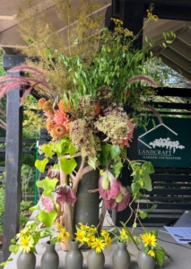 This is a flower arrangement at the entrance pavilion of the Landcraft Garden Foundation dedicated to inspiring, educating and promoting gardening, horticulture and the preservation of the natural environment. The Foundation Garden is open Fridays and Saturdays now through October, so please visit if you're in the area.