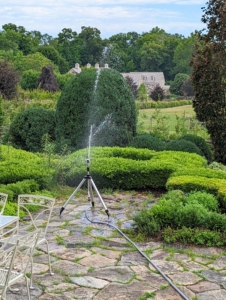 Mornings are the best times to water – when water pressure is high, evaporation is low, and the soil can absorb the water before the sun heats up the ground. The height, distance, and spray patterns of these tripod sprinklers can be adjusted to suit so many garden needs.