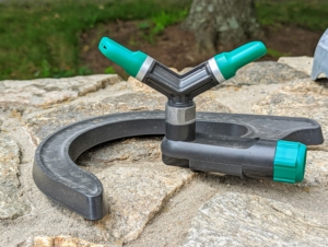 This is the Gilmour® Adjustable Whirling Sprinkler with Stationary Base. It is ideal for gentle, easy watering of delicate flowers, plants and seedlings. Its whirling motion provides full circular coverage while reducing water pooling. The adjustable tips allow one to direct the spray lower to the ground. And, the no-tip base is shaped for stability and is great on harder grounds where spiked bases don't work.