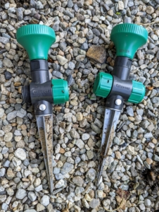 We also use the Gilmour® Adjustable Spot Sprinkler with Spike Base. These are great for use around my Winter House, where there are planters and garden beds. The durable metal spike provides stability in softer soil and on uneven ground.