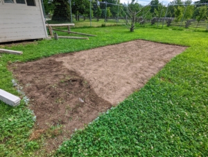 Once all the sod is removed from the designated area, any stray pieces of grass are raked away and the area is prepared for the next phase of our project.