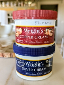 For cleaning, I have long used Wright’s Copper, Brass, and Silver Cleaning Creams. These come in small and large sizes.