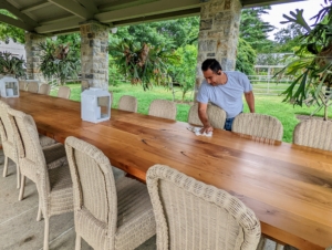 My new yew table in the pavilion outside my pool is wiped down and the chairs are all dusted clean. The yew table was made from a tree I cut down at my former East Hampton home. It was repurposed and made into this long table earlier this year.