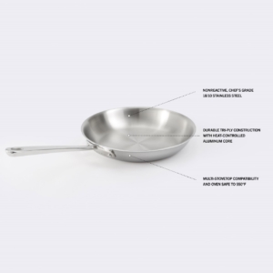 Our pans feature premium 18/10 stainless steel tri-ply construction with a base-to-rim aluminum core that promotes quick heating, good heat retention, and consistently even cooking. Plus, we included angled extra-long handles for added control and maneuverability.