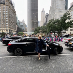 It is always exciting to attend New York Fashion Week. I love seeing all the new trends and styles for the next year. Here I am arriving at The Plaza Hotel in my new Mercedes-Benz EQS 580, a battery electric full-size luxury lift-back sedan.