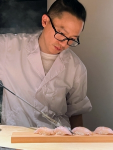 Here, Chef George Ruan prepares a searing of Akamutsu or sea perch. Akamutsu, also sometimes called nodoguro, usually comes from the east coast of Japan. It is a deep sea dweller with a high fat content.
