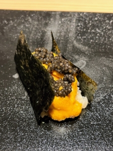 This is a big favorite - an uni caviar hand roll.