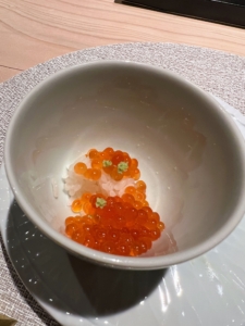 And this is a small tasting bowl of ikura or salmon caviar. In Japanese cuisine, it is usually marinated in salt or soy sauce and sake.