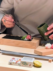 All the ingredients are placed onto the nori at one end before hand rolling. Negitoro has a smooth texture and a rich flavor.