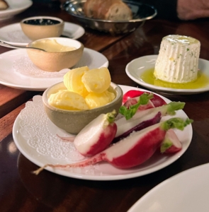 We enjoyed the bread service with radishes, butter, and crevelle de canut, a French cheese spread.
