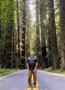 Here's Doug standing in the middle of Newton B. Drury Scenic Parkway which passes through the heart of the old-growth redwood forest.