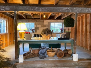 The bar set up in the barn included a table purchased from my Great American Tag Sale last spring - I recognized it right away. The stone basket of fruit was a wedding gift from Anthony to Christopher.