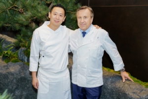 Here is a photo of Chef George Ruan who spent almost two decades working at Masa, the Michelin three-star fish restaurant. He is standing with my friend, Chef Daniel Boulud, also a Michelin-starred legend. The two have partnered together to offer guests this sophisticated and elegant omakase dining experience - try it if you can. (Photo by Eric Vitale Photography for Jōji)