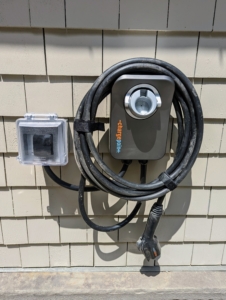 Finally, the ChargePoint station and cable are hung up on the wall right to the electric outlet box. The ChargePoint Home Flex is nine-times faster than a wall outlet and can deliver up to 50 amps of power. It can also be installed inside a garage or outdoors like this one.