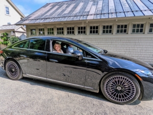 This is my Mercedes-Benz EQS 580 sedan in obsidian black. My drivers and I love its maneuverability and comfort. Here I am with Andres. We're leaving the farm for a long, busy day of meetings at our New York City offices.