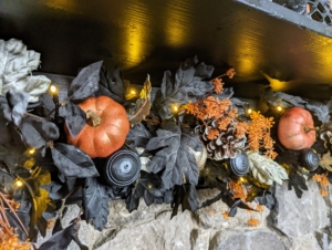 Both the wreath and this five-foot Lit Gilded Fall Pumpkin Garland can be used indoors or out and has a six-hour on/18 hour off built-in timer.