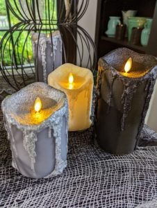 Don't you love these Melted Top Wax Dripped Pillar Candles? Each lifelike candle looks just as if the wax is dripping all down the sides. These come in white, gray and black.
