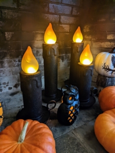 And these are fun - my 22.5" Indoor/Outdoor Halloween Candles. These elegant flameless candles with candelabras flicker safely and can be used indoors or out.