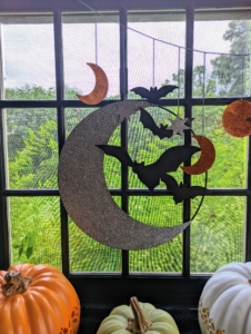 For the window, or a door, don't forget a seasonal wreath such as my Metal Moon Star and Bats Wreath. This wreath is sturdy and weighs about 1.5 pounds.
