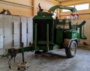 The wood chipper is an important piece of equipment at the farm. I am fortunate to have this machinery to chip fallen or cut branches and then return them to the woodland for top dressing various areas. It has a special parking spot in one corner of the barn.