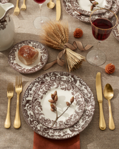 To match - my Delamere Dinnerware Five-Piece Set from Martha.com. This features an iconic British design of intertwining flowers and scrolls in a rich, seasonal brown border. The set includes one complete place setting: dinner plate, salad plate, bread plate, and teacup and saucer.