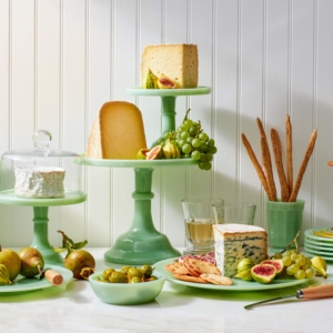 One of my favorite party tips is using cake stands to add interest and texture to any buffet. I especially love jadeite, and have been collecting it for years. Stack different sized cake stands to add height to a display. Then fill them with an assortment of bites for all your guests.