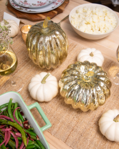 And to decorate the table, be sure to get my Large Decorative LED Light-Up Glass Pumpkins from Macy's. These 6-inch by 6-inch pumpkins show off a crackle-look effect on gold-tone glass elegantly illuminated with LED lights.
