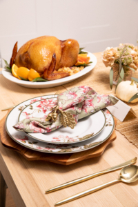 These dinnerware plates and napkins are from my Martha Stewart Harvest Collection created exclusively for Macy's. The collection features a motif of leaves and flowers and trimmed in olive green. The dinner plates are 11-inches in diameter and the salad plates are 8.5-inches across.