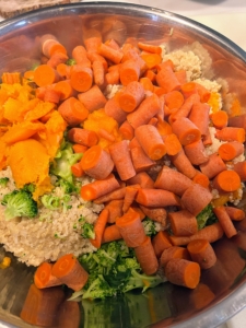 Here are the added carrots. My dogs love carrots. They are low in calories and high in fiber and vitamins. Occasionally, crunching on raw carrots can also be good for their teeth.