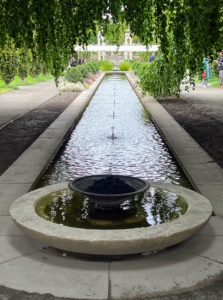 Just inside the entrance is the first of four crisscrossing canals of the Walled Garden. Here, one can see the overhanging boughs of two majestic weeping beeches, Fagus syllvatica 'Pendula'. The wide marble fountain basin spills into this central canal.