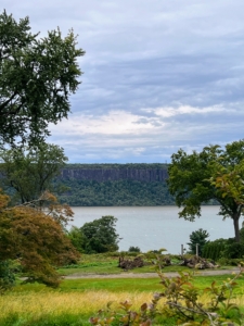 This is a view from the Walled Garden's Lower Terrace looking out onto the Hudson River and the Palisades.