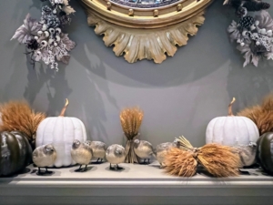 We decorated this mantel with pumpkins and my Glittered Birds - sweet, woodland birds in antique brown and a bit of shimmer. These birds are available in sets of two and are each four-inches tall.
