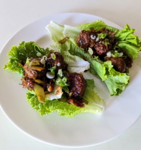 Two Sweet Chili Beef Meatball Lettuce Wraps with Pepper & Snow Peas for each - the perfect size for lunch after a busy morning of shooting. This meal is so easy to make and so delicious. I know it will become one of your favorites. Please order your Martha & Marley Spoon meal kits right now! Just click on the highlighted links and enjoy our menu offerings! We’re adding more and more all the time! Enjoy the weekend!
